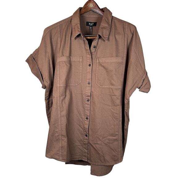 OAT New York Women's Oversized Boxy Top Button-Up Shirt XL Brown Short Sleeve - Picture 2 of 10